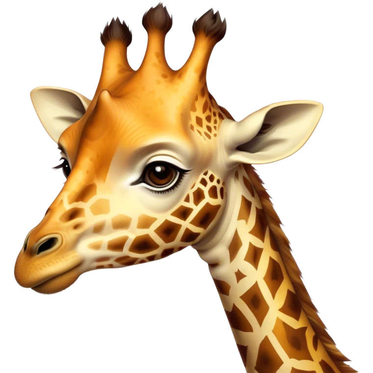 Cinematic Noble Giraffe Portrait Emoji, Poised and regal, with a towering, elegant build and a stunning, patterned Fur of warm yellows and browns, long, graceful neck and soulful, gentle eyes, Simplified yet sharp and sophisticated features, highly detailed, glowing with a soft, dignified glow, high shine, intelligent and graceful, stylized with an air of savannah majesty, focused and attentive, soft glowing outline, capturing the essence of a watchful and confident giant, so majestic it feels as though it could stretch out of the screen with effortless authority! emoji