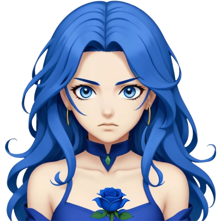 head portrait of anime girl with long dark blue hair, blue rose in hair, bright blue eyes, dramatic JoJo's Bizarre Adventure style, bold outlines, intense expression emoji
