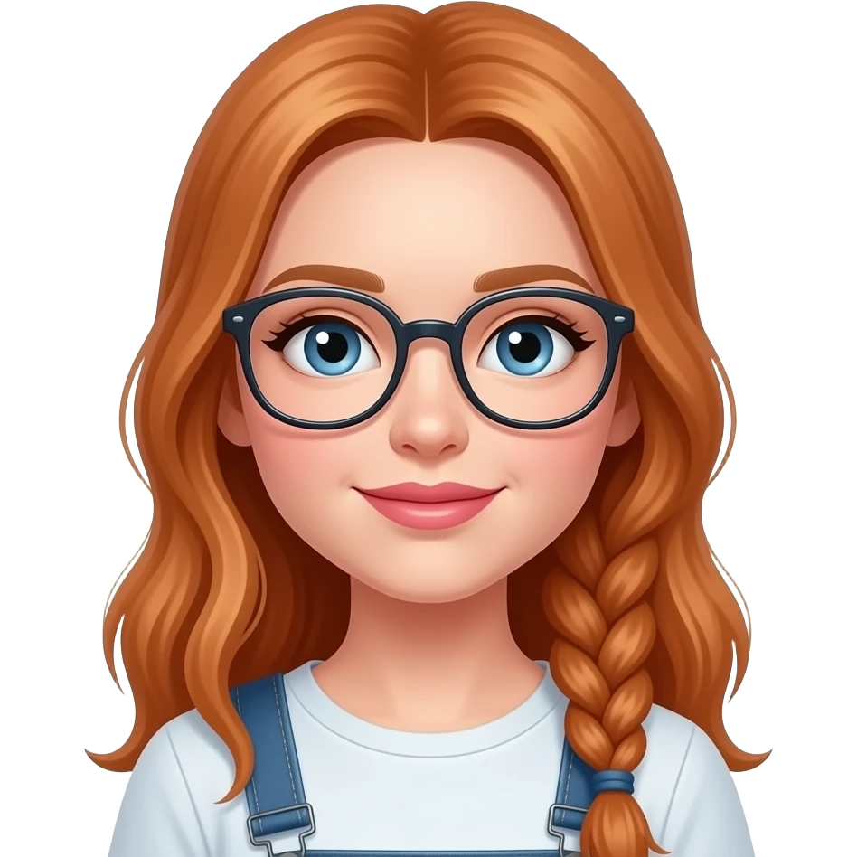 white girl with long light red hair braided and blue eyes with glasses and pink lips emoji