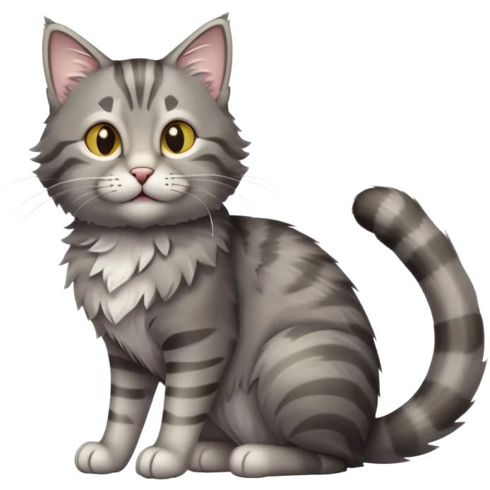 cinematic-[grey tabby cat]-realistic-full-body-sitting-emoji,-tail-curled-playfully-around-its-paws,-head-tilted-dramatically,-scruffy-[grey]-fur,-simplified-yet-realistic-focused-features,-highly-detailed,-glowing-with-an-almost-sarcastic-glow emoji