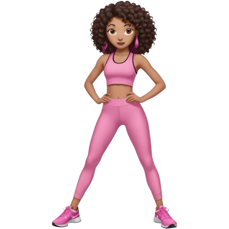 Uma menina negra da pele clara magra definida com roupa de academia rosa, com cabelo cacheados  todo castanho escuro bem grande até a bunda sem muito volume no cabelo emoji