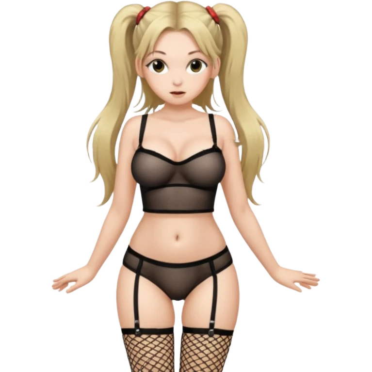 Her hair is in pigtails and she is completely  naked except for thigh-high fishnet stockings.  Her hands are on her hips and her pubic hair is visible.  Her breasts are large and perky.  She is not wearing a bra or panties emoji