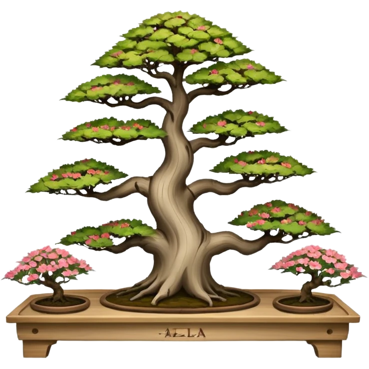 Wide Three tiered bonsai stand, shelving nine maple specimens and several smaller azaleas, frame made of oaken palette wood  emoji