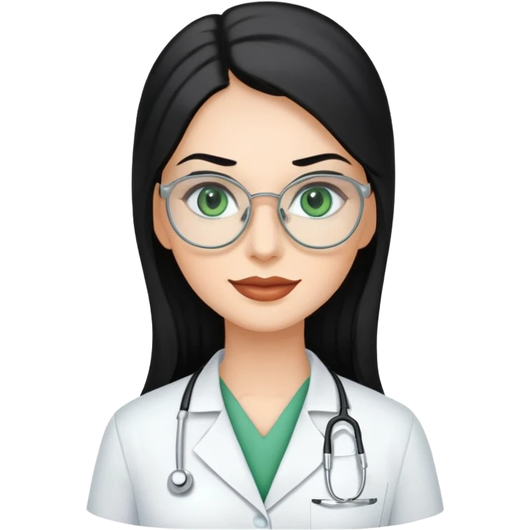 Woman with long, Black hair, Silver Glasses and with green eyes as a dentist emoji