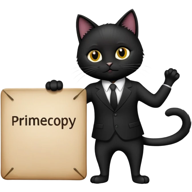 A black cat in a black business suit holds a sign that says "PrimeCopy" emoji