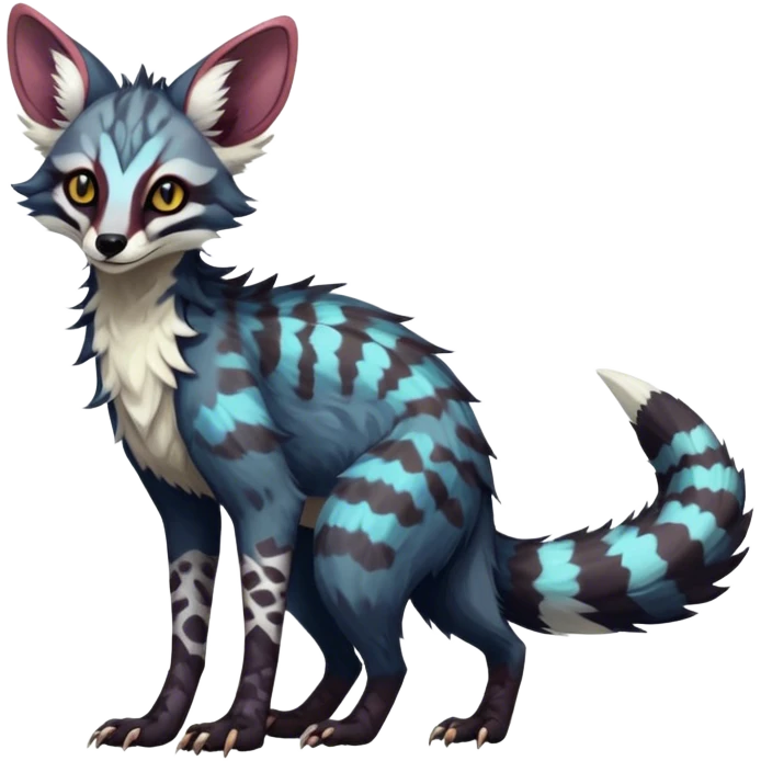 Feral Rare Fantasy dark colorful Vernid-Sergal-Genet-Trico-species by LiLaiRa, random markings, tufted tail, tufted ears, full body emoji