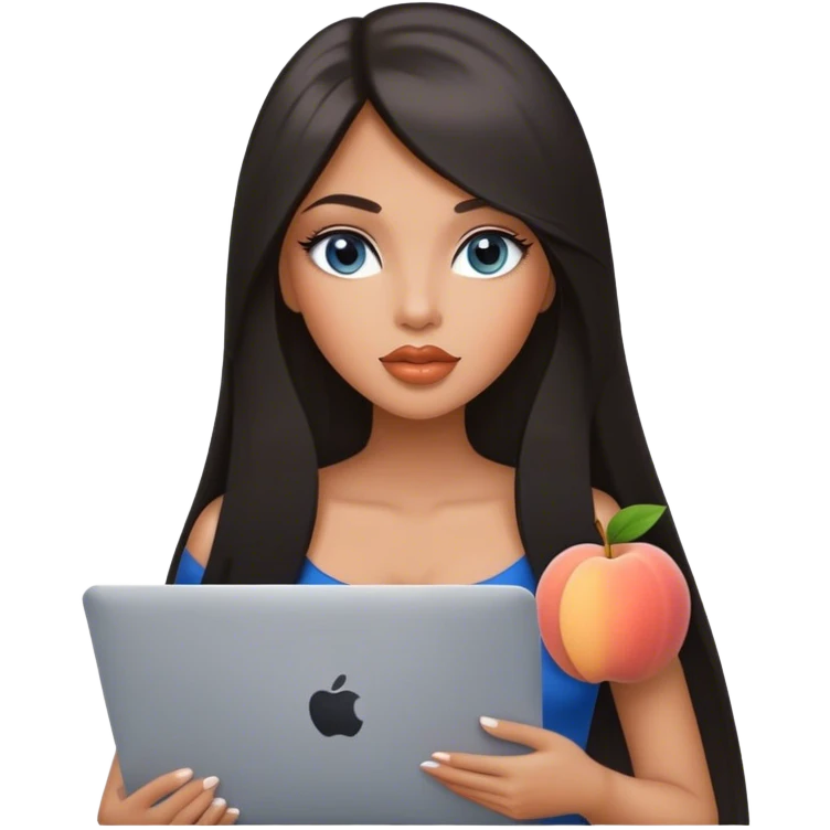 Glamours, tanned, very beautiful girl, with big pump peach lips, almost black straight smooth silky long hair, straight parting, blue-grey eyes with MacBook emoji