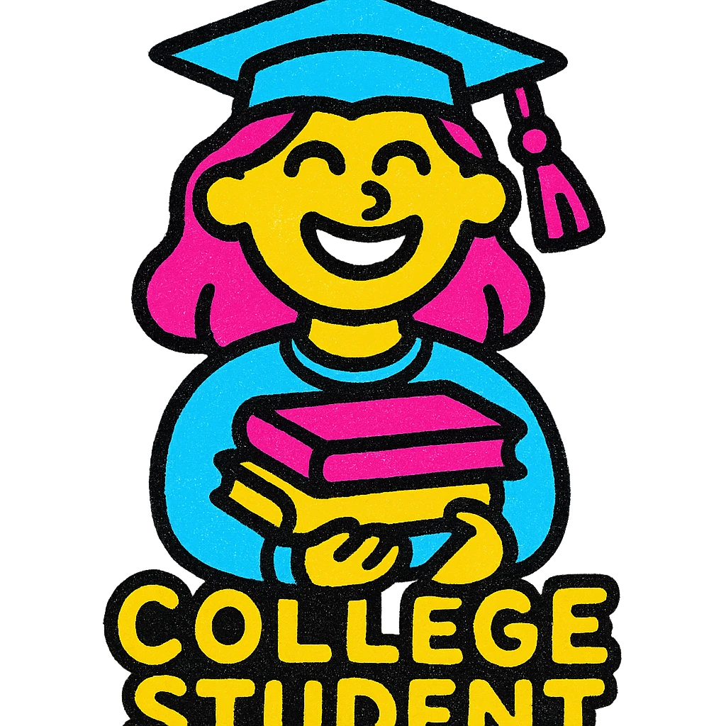 vibrant, smiling university student with books, lively and positive, colorful style emoji