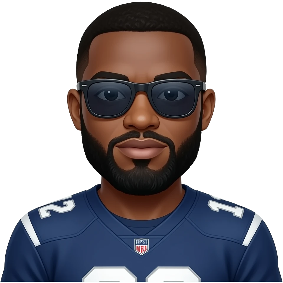 A bald black man with a beard in dark shades with a football jersey emoji