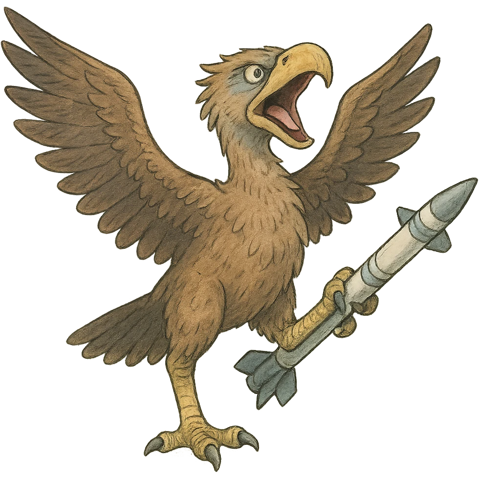 an insignia for a flag: a strange foreign alien bird creature, resembling a prehistoric phorusrhacos, gripping a sidewinder missile in its' powerful claw, standing up on its' other claw, cawing fiercely, wings spread in defiance.
 emoji