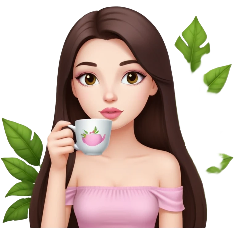 exotic pale girl, very full lips, long straight brunette hair, long lashes, pastel pink tube top, sipping tea  emoji