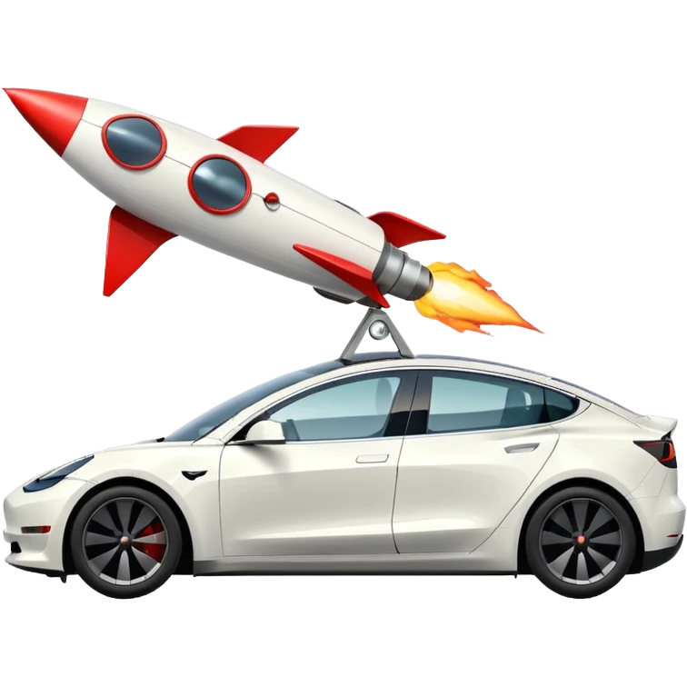 Tesla model 3 white with small rocket mounted flat on roof for extra propulsion emoji