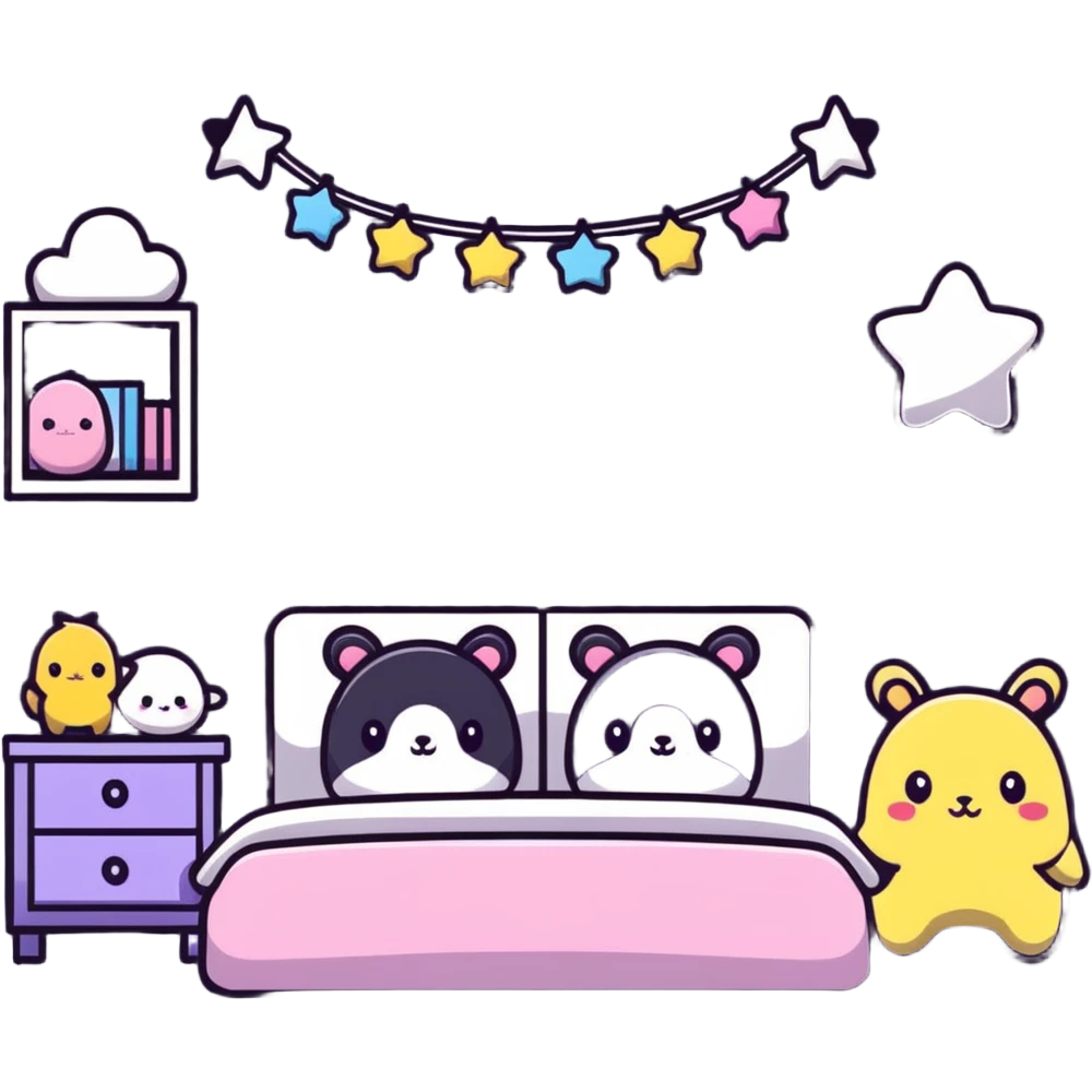small cute bedroom with kawaii decor, stuffed animals, heart-shaped pillows, star garland emoji