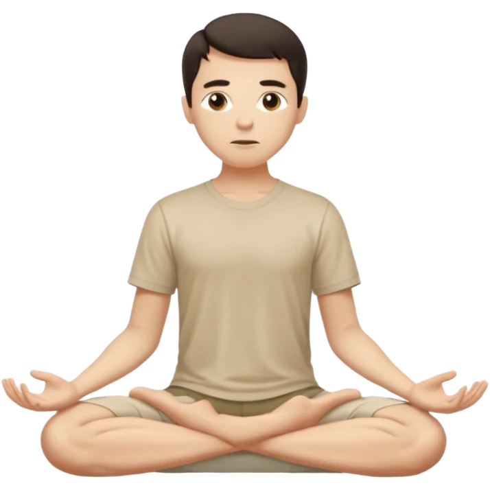 rapaz magro cabelo escuro, camiseta bege e  bermuda bege escuro, corpo inteiro meditan emoji