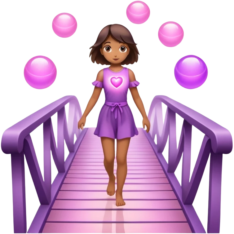 
A small figure walks across a glowing bridge, holding soft pink and purple orbs in each hand—symbolizing compassion and forgiveness. A gentle heart aura trails behind them, showing healing in motion. emoji