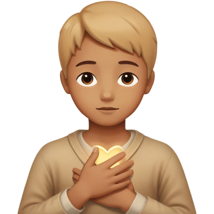 A person sitting still with their hand gently placed on their chest. A soft, warm light begins to emerge from within, symbolizing buried memories stored in the body. Around them, faint, blurred images of childhood moments float in the air, still distant slowly clearer as they focus on present emoji