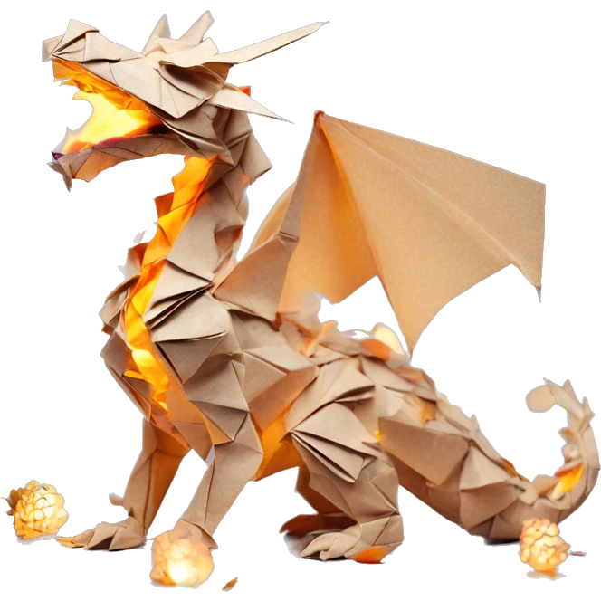 Beige Origami dragon made of newspapers on fire surrounded by fairy lights swirls covered in dried flowers bokeh library bunting floral flowers fire flames emoji