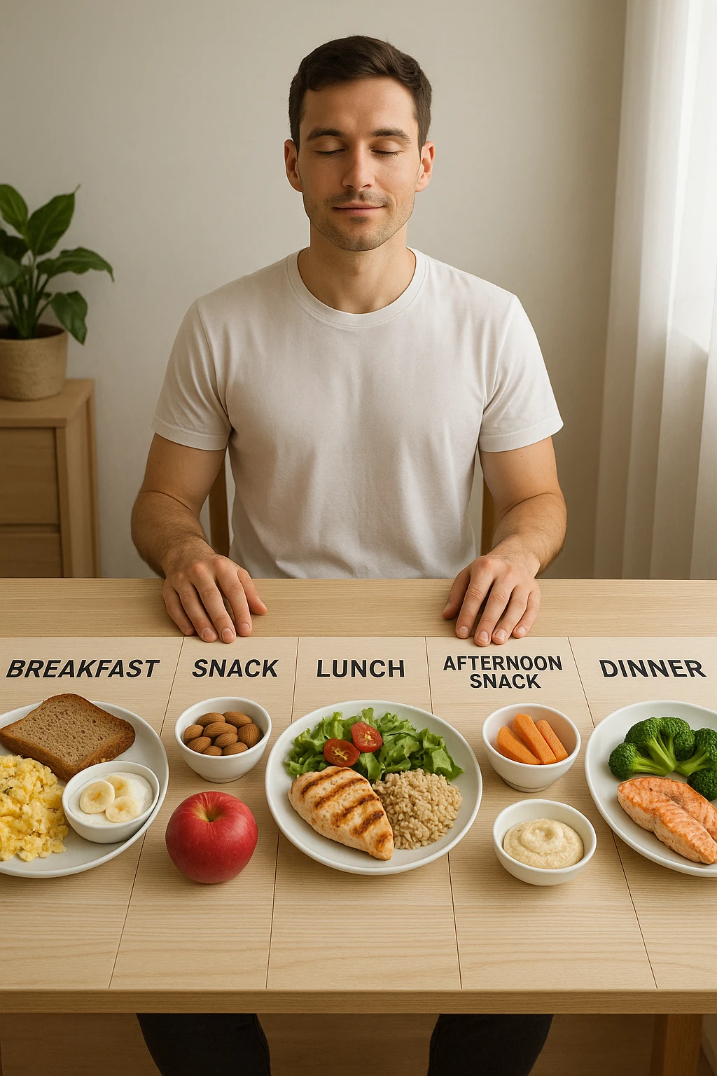 Uomo sereno con fisico sano e asciutto seduto davanti a un grande tavolo diviso in 5 sezioni, ognuna con un pasto bilanciato: colazione, spuntino, pranzo, merenda, cena. Ogni piatto ha porzioni equilibrate di proteine, carboidrati e grassi salutari. Ambiente ordinato, stile di vita sano, luce naturale, atmosfera di consapevolezza nutrizionale. emoji