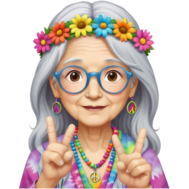 Elderly woman with long gray hair, peace sign necklace, colorful tie-dye clothing, round glasses, flower crown, hippie grandma emoji