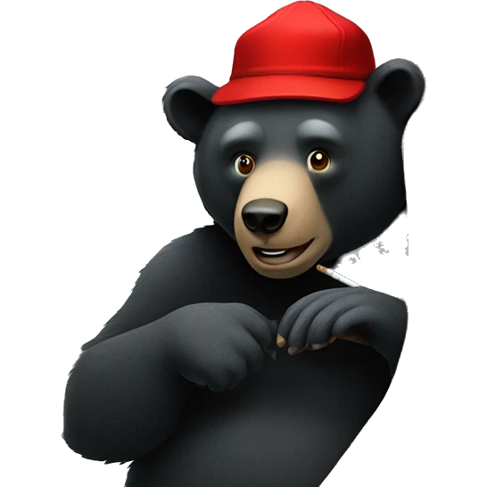 A black bear leaning up against a tree, wearing a red hat, and smoking a cigar  emoji