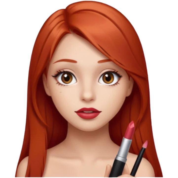 una chica con pose divertida de 18 años con los labios con pintalabios nude y los ojos maquillados, de piel blanca con el pelo liso, largo y pelirrojo, ojos marrones emoji