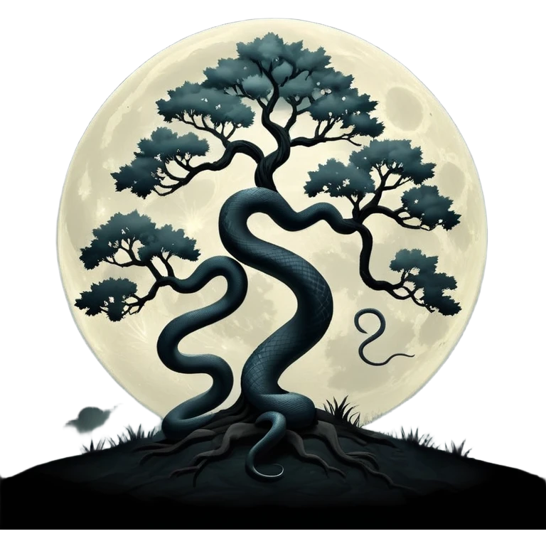 Eerie foggy full moon with tree silhouette and snake wrapped around tree emoji