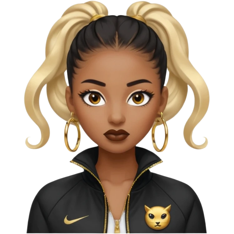 “black Emoji girl, fierce confident expression, sharp black winged eyeliner, bold brows, matte nude lips, long curled lashes, sleek high ponytail, gold hoop earrings, sporty streetwear jacket.” emoji