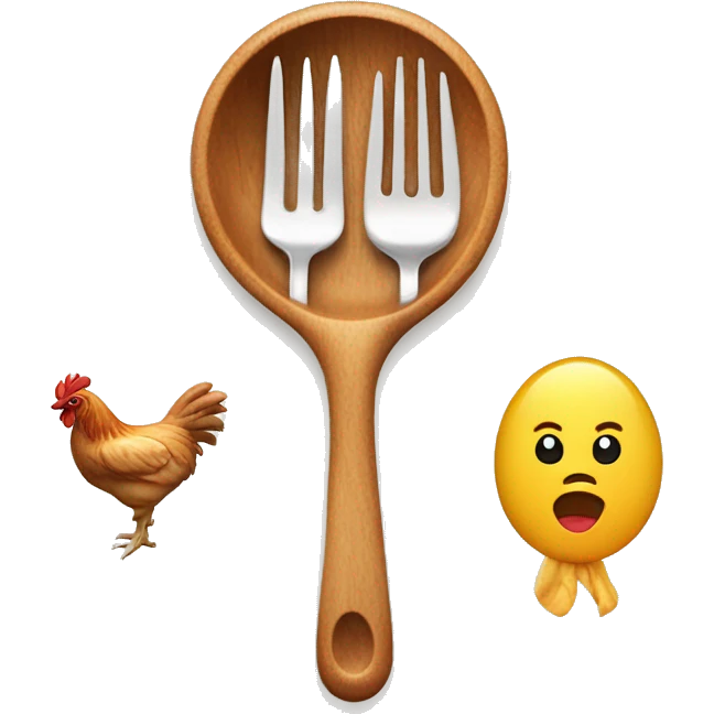 Wooden spoon and fork, chicken, fish, and meat behind in background emoji
