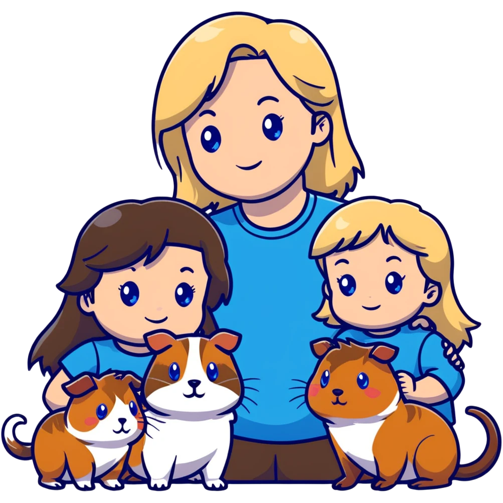 Family portrait with father with dark brown hair and blue eyes, mother with light brown hair and blue eyes, three blonde little girls with blue eyes, plus a grey cat and two guinea pigs emoji