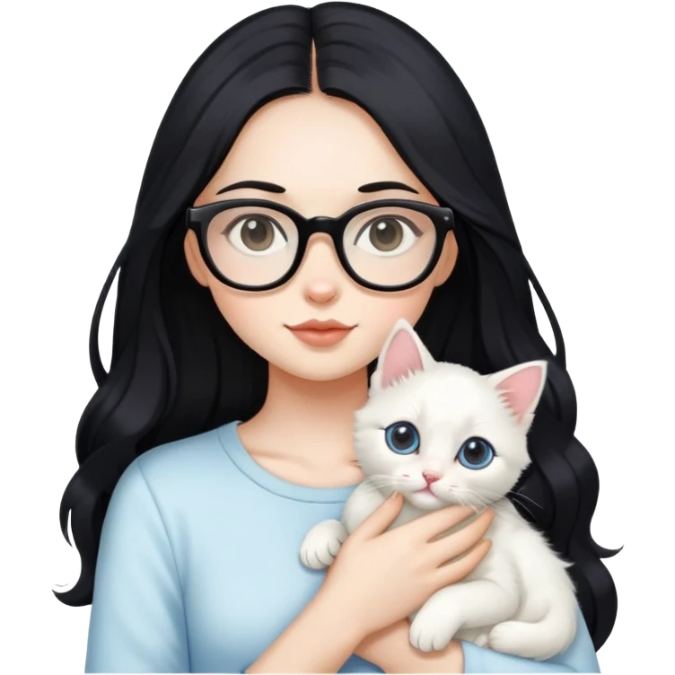 Beautiful girl with long black hair and glasses holding a white kitten emoji
