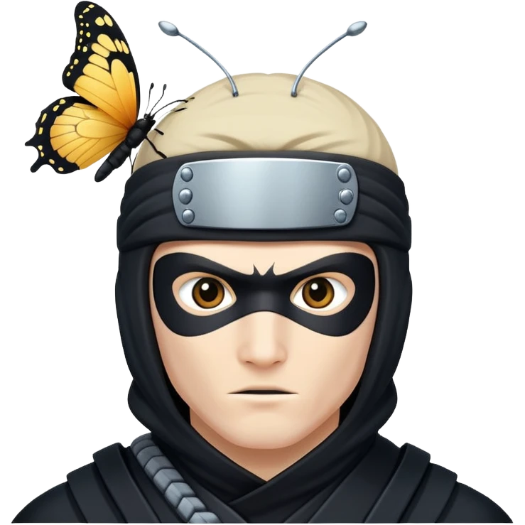 Crea una imagen con estos dos emoji 🥷🏻🦋
él ninja de piel blanca con la mariposa posada en cabeza como si estuviera volando. emoji