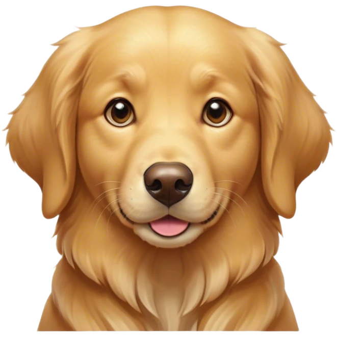 Cinematic Cute Golden Retriever Portrait Emoji, Head tilted playfully and inquisitively, showcasing a rich, glossy golden coat with a healthy sheen, round, sparkling brown eyes filled with curiosity, Simplified yet irresistibly adorable features, highly detailed, glowing with a warm, friendly glow, high shine, affectionate and lively, stylized with a touch of whimsy, bright and endearing, soft glowing outline, capturing the essence of a mischievous yet loving companion, so playful it feels like it could leap out of the screen and into your arms! emoji