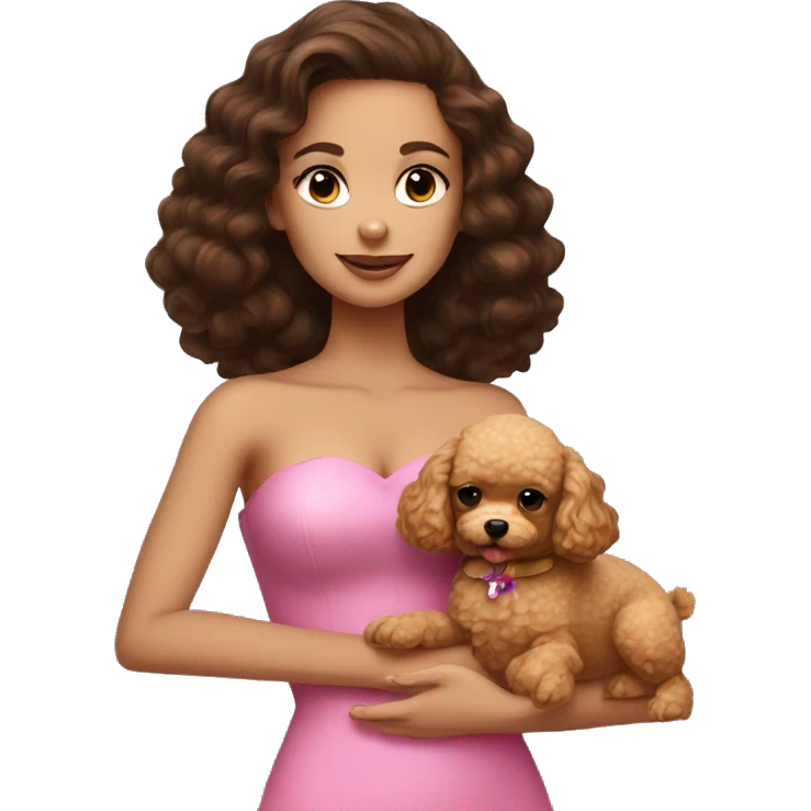 Brunette girl in pretty pink strapless top holding a golden toy poodle emoji
