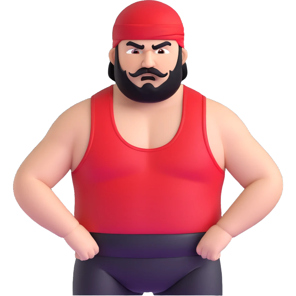 White skin fat guy with prominent black durag, short black beard and mustache, black eyes in a red and black wrestling singlet with angry face emoji