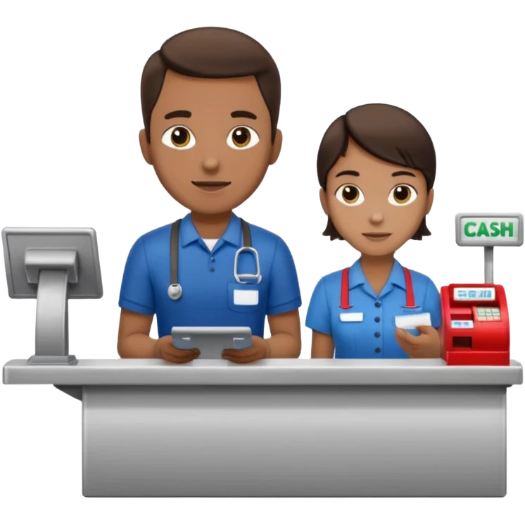 Supermarket employee at a cash register, full body, serving a man emoji