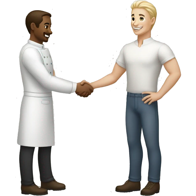 restaurant owner with white skin, and blogger with white skin, shaking hands in great detail emoji