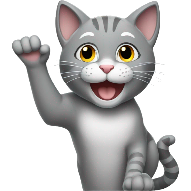 smiling gray cat waving his hand emoji