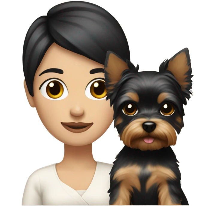 White lady with short black hair holding a Yorkie  emoji