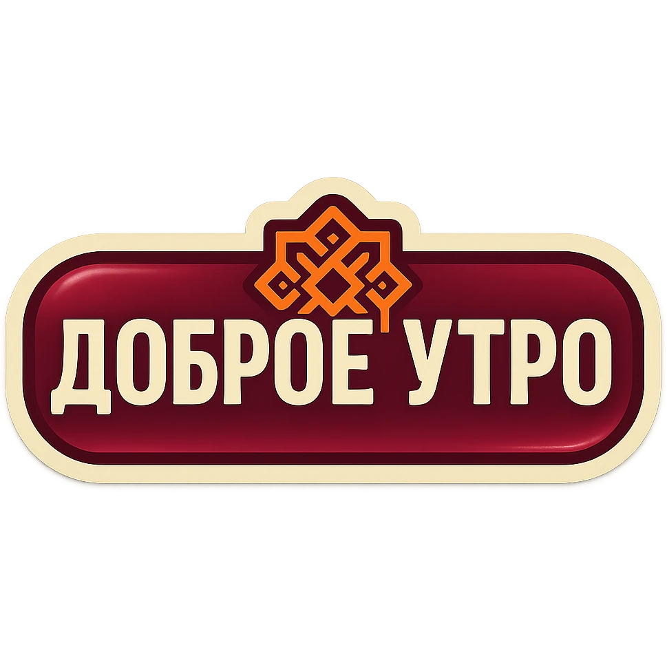 elongated horizontal plaque with the text 'Доброе утро', retro sticker style, burgundy background, beige letters, geometric eastern ornament in the center, soft shadows, transparent background emoji