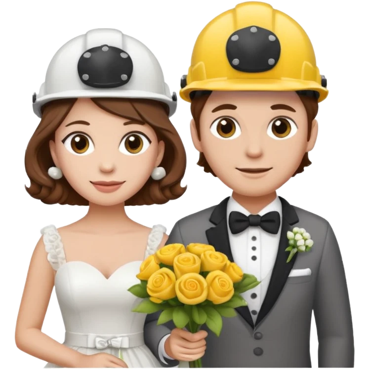 bride and groom couple, both with brown hair, bride has curlers in her hair, both wearing construction helmets and flats, bride holding bouquet, emoji style emoji