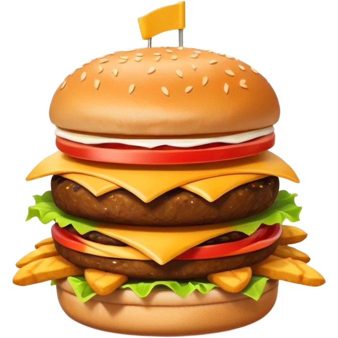 A clean and simple icon of fast food in emoji-style illustration. A burger with fries, naggets and shaverma, bright and bold colors, simple shapes, flat design, high contrast, inviting and appetizing. emoji