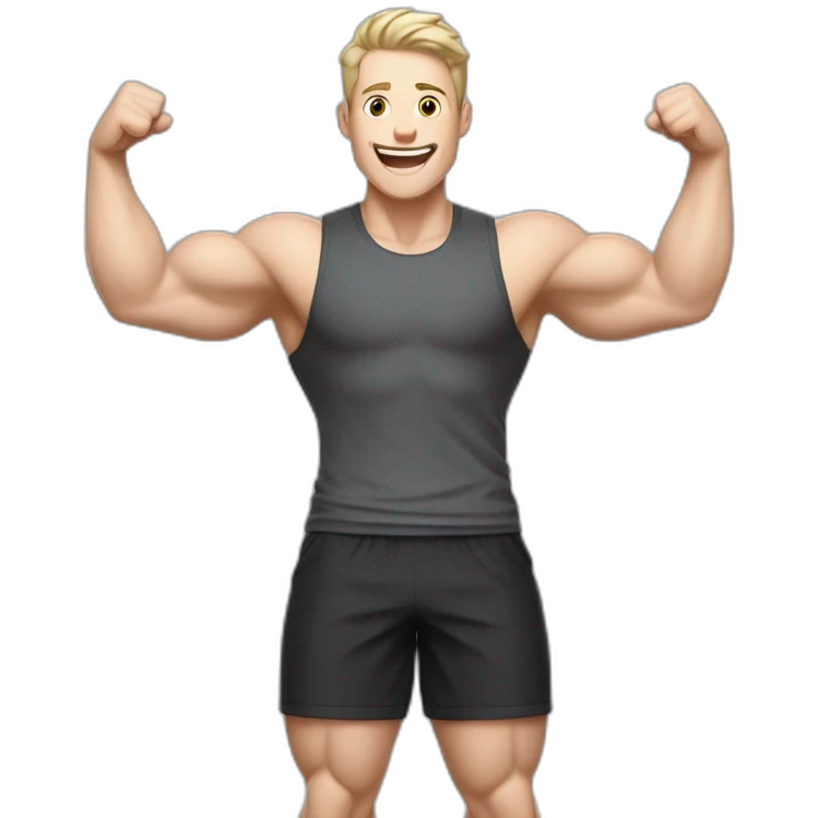 Joyful Celebrating victory Pale skinned Fit Man With the biceps and dark brown hair in black shirt, gray sports shorts and white Sneakers emoji
