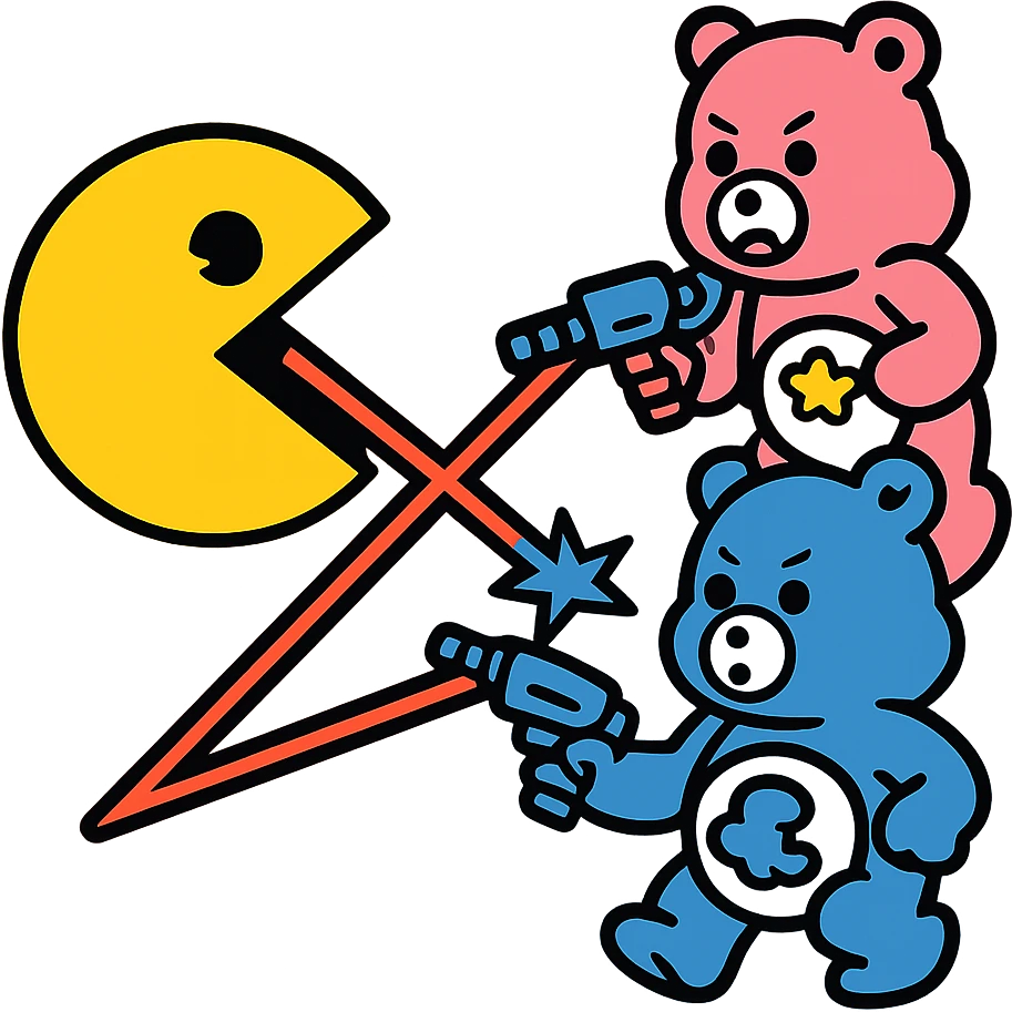 Care Bears and Pacman in a laser battle, 80's sci-fi style emoji