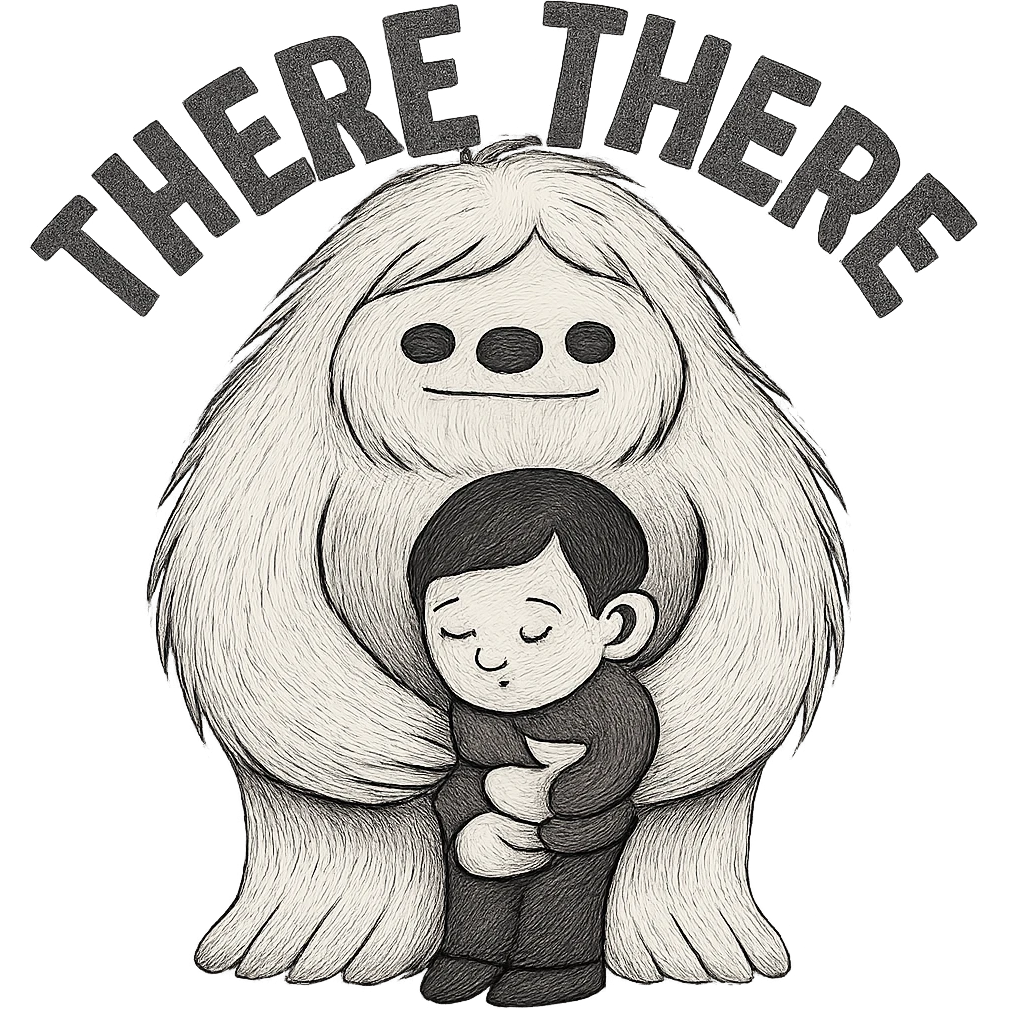 Compress the image to ensure the file size is smaller than 1MB, keep the background transparent, and preserve the 'there there' text through the head of the Abominable Snowman hugging the much smaller kid. emoji