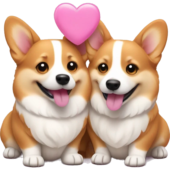 happy corgi couple with pink small hearts around emoji