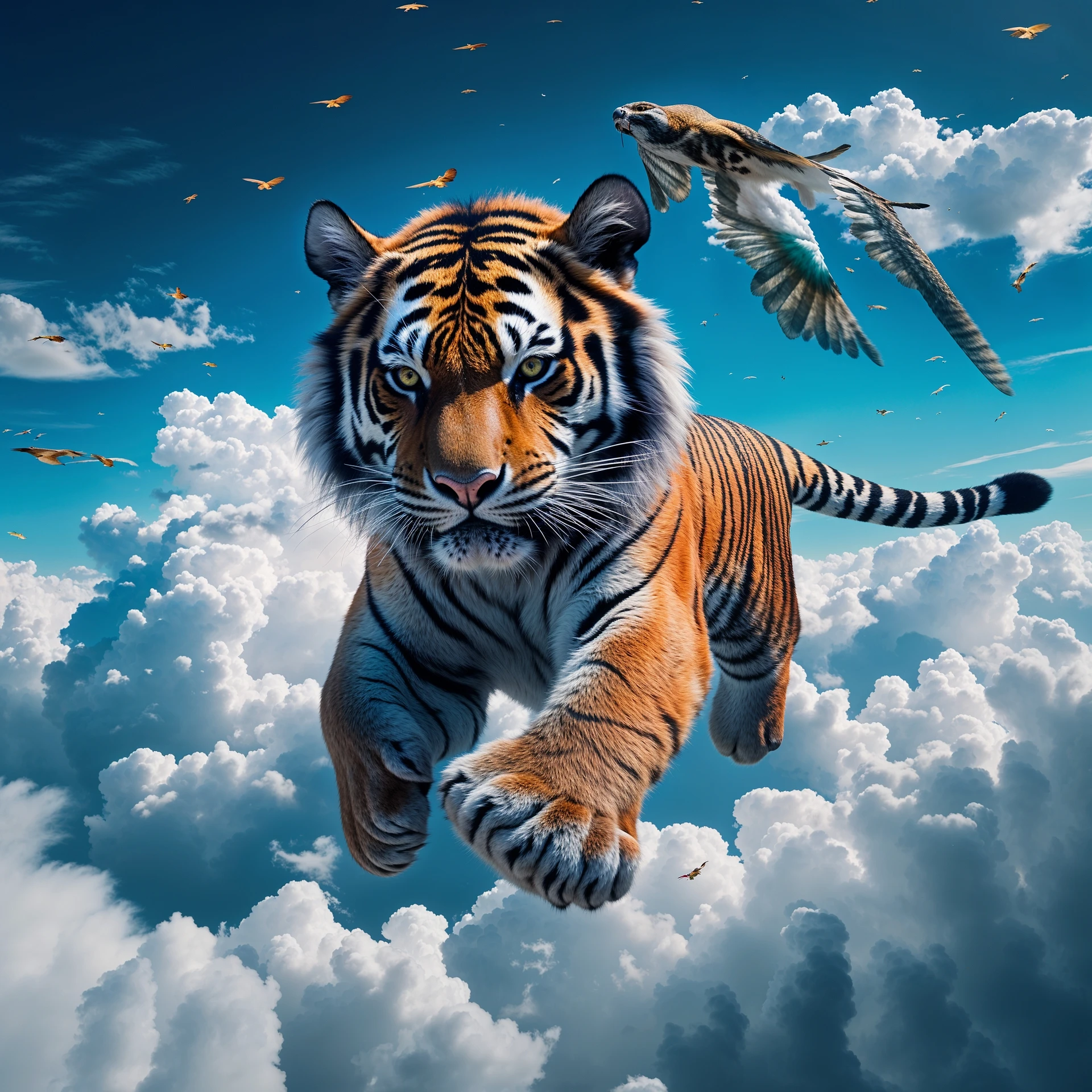 Tiger with corwn flying around clouds, blue solid color, with cinematic blur emoji