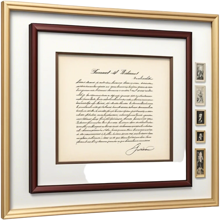 Icon for Autograph Collecting: a signed piece of paper or book page with a famous signature, surrounded by a collection of several framed autographs. Transparent background. emoji