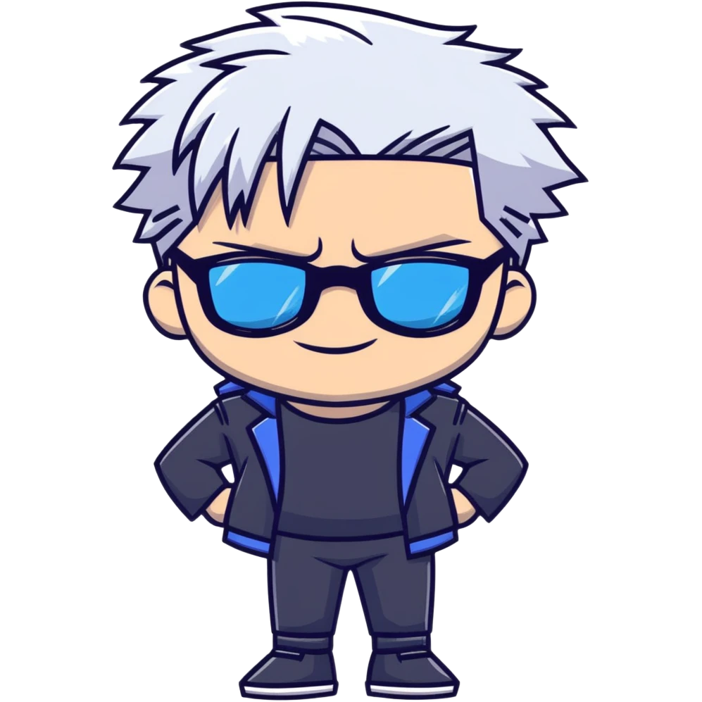 Satoru Gojo from Jujutsu Kaisen, white hair, dark sunglasses, confident smirk, blue eyes, chibi face proportions, energetic expression emoji