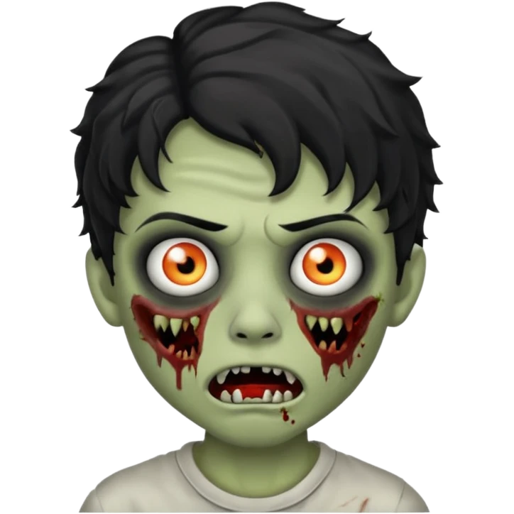 a boy with wavy hair, a zombie-shaped mouth piercing hum, and black hair emoji