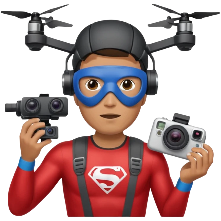 Super hero photographe, gopro sur la tête, masque fpv sur les yeux. Un drone à côté de lui. Il tiens un appareil photo reflex. emoji